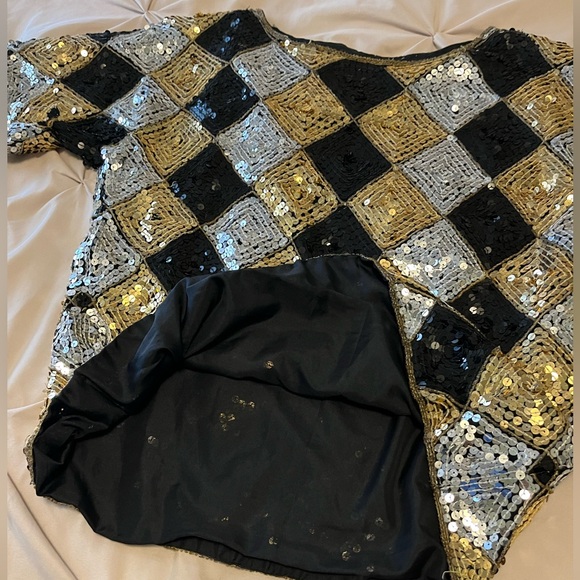 Vintage Gold Silver Black Sequin Checker Blouse Top Medium - Picture 9 of 9